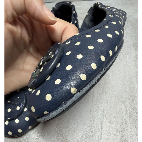 Tory Burch Ballet Flats Womens 7 Navy Polka Dot Leather Logo Round Toe Slip On - Picture 10 of 14